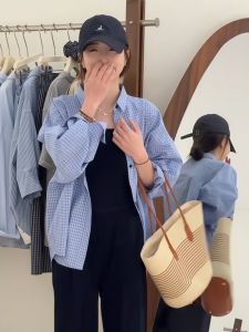 Blue Polo Neck Plaid Long Sleeve Womens Sun Protection Shirt Spring Summer Loose Casual Design Top Korean Style Button Detail