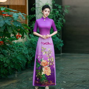 2025 vietnam traditional aodai dress chinese improved qipao national flower print cheongsam dress retro evening banquet dress