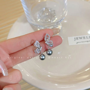 Butterfly Pearl Micro-Set Silver Needle Earrings Womens High-End Sensation round Square Face Design Fashionable Jewelry