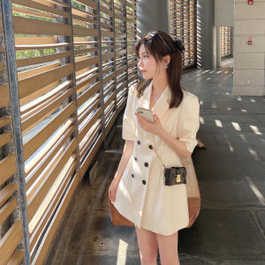 Womens Suit Dress A-Line Waist Cinching Bubble Sleeve Double Button High-End Design Sensation White Suit Skirt Commute Style