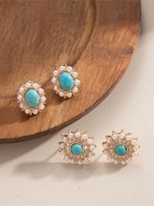 Retro Turquoise S925 Silver Needle Blue Geometric round Earrings Vintage Court Style Fashion Jewelry Womens Accessory