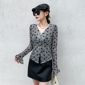YIMEI Autumn Korean style womens top with flared sleeves long sleeved printed mesh T-shirt slim fit and fashionable base shirt
