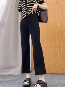 Black Casual Flared Pants Womens Thin Summer Lightweight High Waist Slimming Drapey Wide Leg Trousers Cotton Blend