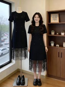 AIYITI | French Style Tassels Beaded Dress Black Long Tee Dress