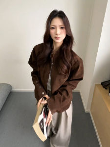 Vintage Brown Suede Short Jacket Mens Autumn Harrington Collar Baseball Vest Breathable Long Sleeve Youth Pop Style Outerwear