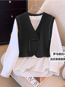 Elegant V-Neck Suit Jacket Vest Womens plus Size Chinese Style Button up Shirt New Trend Korean Commute Style Long Sleeve