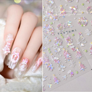Dorisna Christmas Series Pink Shell Gloss Nail Decal Xmas Cartoon Bow Snowflake Nail Art Sticker Relief Decoration