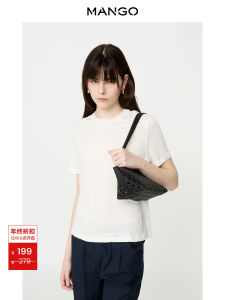 Mango Womens Casual Linen T-shirt Short Sleeve Breathable Loose Fit Summer Fashion Basic round Neck Top Discount End of Year