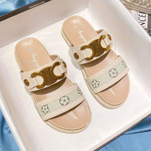 Thick Heel Slippers Womens Summer Outdoor Wear Retro Fashion Buckle Flat Bottom Shoes Casual Pure Color Metal Element Sandals