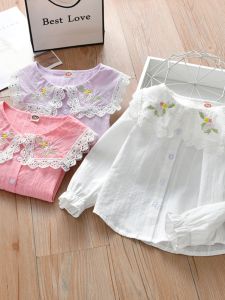 Áo Sơ Mi Trắng Bé Gái Áo Sơ Mi Trẻ Em Cotton Nguyên Chất Xuân Thu Dài Tay Mẫu Mới 2024 Trang Phục Mùa Xuân Phong Cách Hàn Quốc Kiểu Tây Áo Bé Gái