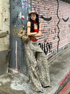 Hapipp American Retro Distressed Leopard Print Print Straight-leg Loose Pants Female Loose Slim Fit Easiest for Match Mop Pants