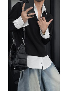 Spring New Arrival Mens Casual Polo Shirt V-Neck Splice Sweatshirt Korean Style Long Sleeve Loose Fit Youth Popular