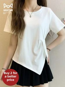 Miiow | Womens Loose Fit Thin T-Shirt Asymmetric Design Casual Versatile Summer New Style MiiOW Cat Person Creative Pattern Cotton Blend
