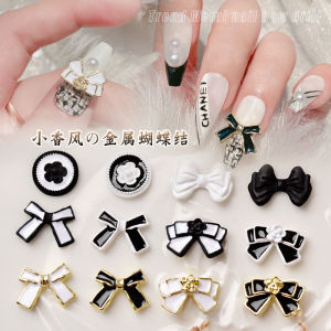 Nail Art logo Accessories Retro Black and White Bow Tie Nail Drill Alloy Decoration 网红小香风山茶花日系美甲饰品黑色系合金金属钻饰指甲蝴蝶结