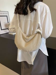  Pure Color Nylon Canvas Dumpling Shaped Shoulder Crossbody Bag for Women Casual Style Zipper Closure Soft Fabric Backpack