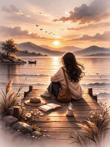 Huacan 5D DIY Bộ Tranh Đính Đá Sunset Lake Girl Full Pasting Area Phong Cách Hiện Đại Nhựa Chân Dung Khảm Phong Cảnh Không Có Khung