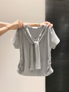 LUOSHAO | Pseudo Two-Piece Off-Shoulder Short-Sleeved T-Shirt Waist-Cinching Design