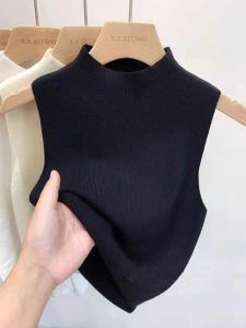 Black Half-High Collar Ice Silk Sleeveless T-Shirt Womens Summer Base Layer Vest Knitted Top Slim Fit Commute Style Regular Thickness
