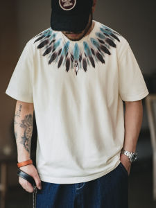 Maden American Retro Heavyweight Indian Feather Print Short Sleeve Loose Ethnic Style T-Shirt Men Summer Casual round Neck