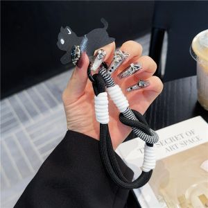 Funny Black and White Cat Mobile Phone Hanging Piece Solid Phone Lanyard Clip Knitted Belt Nylon Rope Wrist Chain Gasket