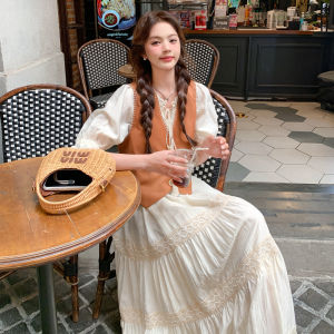 Elegant Hepburn Style One Shoulder Long Dress Two Piece Set Womens Summer Slimming Waist Cinched Midi Skirt Bubble Sleeve