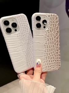 LS | Luxury Glossy Crocodile Pattern Leather Case For iPhone 17 16 15 14 13 12 11 Pro Max Plus 17Air 16E Frameless Shockproof Cover