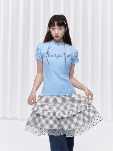 เสื้อยืดแขนสั้นลายจุดพร้อมกระเป๋า ทรงเข้ารูป ผ้าฝ้ายผสม PU สำหรับผู้หญิง อายุ 18-35 ปี ฤดูร้อน 2024 สไตล์หวานๆ