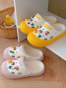 Ugly Cute Half Slippers Women Summer Trendy Thick Bottom EVA Sausage Mouth Color Block Beach Hole Hole Shoes Casual Flat Heel