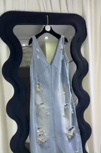 DX_Set đầm Jean set đồ nữ mặc hè áo lót trong phối đầm Jean Quảng Châu suông rách dáng dài