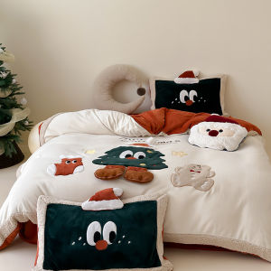 Thickened Christmas Tree Cartoon Milk Velvet Coral Velvet Bedding Four-Piece Set Quilt Cover Comforter Duvet Cover Pillowcase
