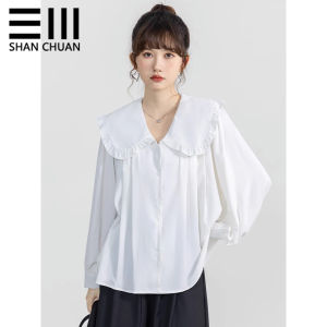White Shirt Womens Spring and Autumn Clothing New Arrival Doll Shirt Large Lapel Ruffles Doll Collar French Style Inner Wear Loose Tops