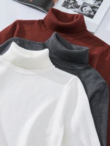 ROMON | Áo len dệt kim cổ cao ôm vừa vặn cho nam mùa thu thời trang thành phố thường ngày cổ tròn dài tay áo lót polyester