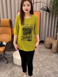 Womens short-sleeved shirt T-shirt 2024 new summer loose thin Korean version of the trend of printing design flesh-shading shirt tops