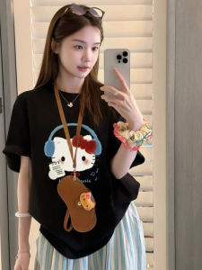 Áo Thun in Hình Kitty Cat Dáng Rộng Cotton Mùa Hè 2025 Phong Cách Hàn Quốc Tay Ngắn in Họa Tiết Thời Trang Nữ