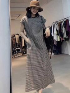 Original Summer Skirt Womens New Arrival Yarn-Dyed Linen Plaid Ramie Artistic Slimming Loose A- line Cotton and Linen Dress