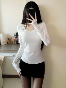 Áo Thun Nữ Cổ Chữ V Dài Tay Ôm Vừa Vặn Phong Cách Mỹ Thời Trang Thu Đông Màu Trơn Thường Ngày Mặc Trong