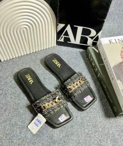 Sandal Selop Zara Flat Rajut Tweet Rantai Tengah Sandal Cewe Korean Style Kode SM09