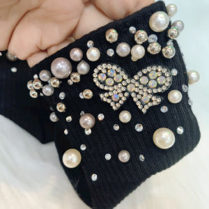 Classy Good Quality Luxury Starry Rhinestone Bows Heavy Industry Beads Pearl Rhinestone Pure Cotton Socks