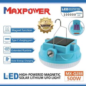 Lampu UFO Emergency 800W PANEL SURYA USB TIPE-C - POWER BANK Bisa Senter / Lampu / Digantung - Magnet Lamp Camping Lampu Darurat MAXPOWER MX-Q289 800w / MX-Q288 500w - batrai bisa lepas pasang