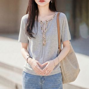 YUEXINYIRONG | Ethnic Style V-Neck Short Sleeve T-Shirt