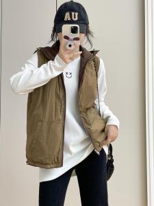 เสื้อกั๊กแบบมีฮู้ดแบบสวมสองด้านสำหรับผู้หญิงในฤดูใบไม้ร่วง ทรงหลวม ลำลอง เสื้อคลุมกันหนาวแบบมีฮู้ด โพลีเอสเตอร์ ซิป