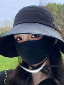 Womens Summer Outdoor Sun Protection Hat Breathable Big Brim Empty Top Hat Face Covering Tie-Back Hair Style Polyester Fiber