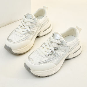 Kangyi Korean Style Large Size Casual Leather Dad Shoes Thick Bottom round Toe Womens Footwear Breathable Mesh Upgraded Version