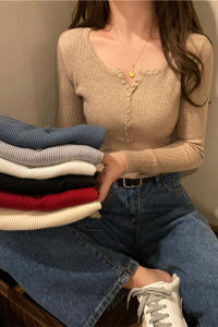HUOLISI | Low Neck Knitted Sweater for Women Stylish and Tight-Fitting with V-Shape Collar