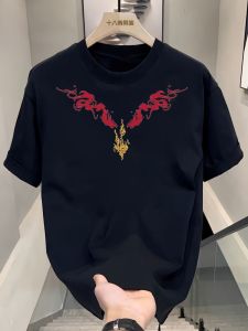 Loose Short Sleeve T-Shirt Mens Trendy Cotton Print Casual Summer Base Shirt Geometric Pattern round Neck Youth Fashion