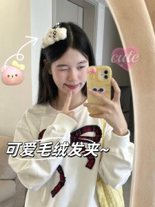 หมวกผ้าฝ้ายขนสัตว์สีน้ำเงินสำหรับเด็กผู้หญิง สไตล์เกาหลี ทรงหางกระต่ายขนาดใหญ่ ดีไซน์น่ารัก ประดับผมด้านข้าง