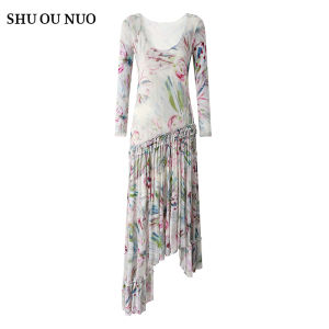 Irregular Elastic Layered Silk Mesh Print Dress Cream Fairy Series Long Sleeve round Neck Summer Commute Style Womens Dress