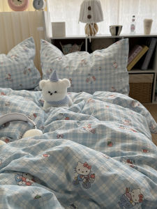 Sanrio Simple Fresh Blue Checkered KT Cat Washed Cotton Four-Piece Set All Cotton Cover Student Three-Piece Set Bedding Sheets
