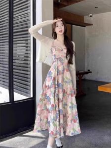 Summer French Tea Break Oil Painting Floral Print Halter Dress Large Size Womens Beach Vacation Beach Long Skirt High Waist A-Line Dress