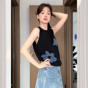 Summer Sleeveless T-Shirt Womens Hand-painted Floral Design Spicy Girl Vintage Slimming Retro Style Commute Korean Loose Fit